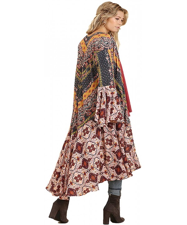 Womens Ruffled Long Body Kimono with a Multicolored Print - Berry Mix - CQ18I6TAWM2 $34.57-Cover-Ups