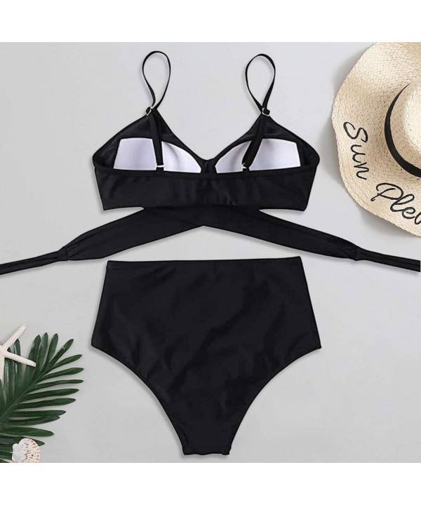 Women Criss Cross Bandage Bikini Set Swimsuits High Waisted Floral Printing Swim Bottoms Two Piece Bathing Suits Black - C419...