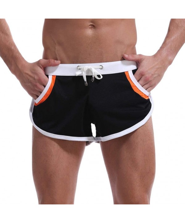 Mens Solid Color Splice Swim Trunks Quick Dry Elastic Waist Drawstring Beach Shorts Sports Shorts Black - CX18QMLNMTO $16.85-...