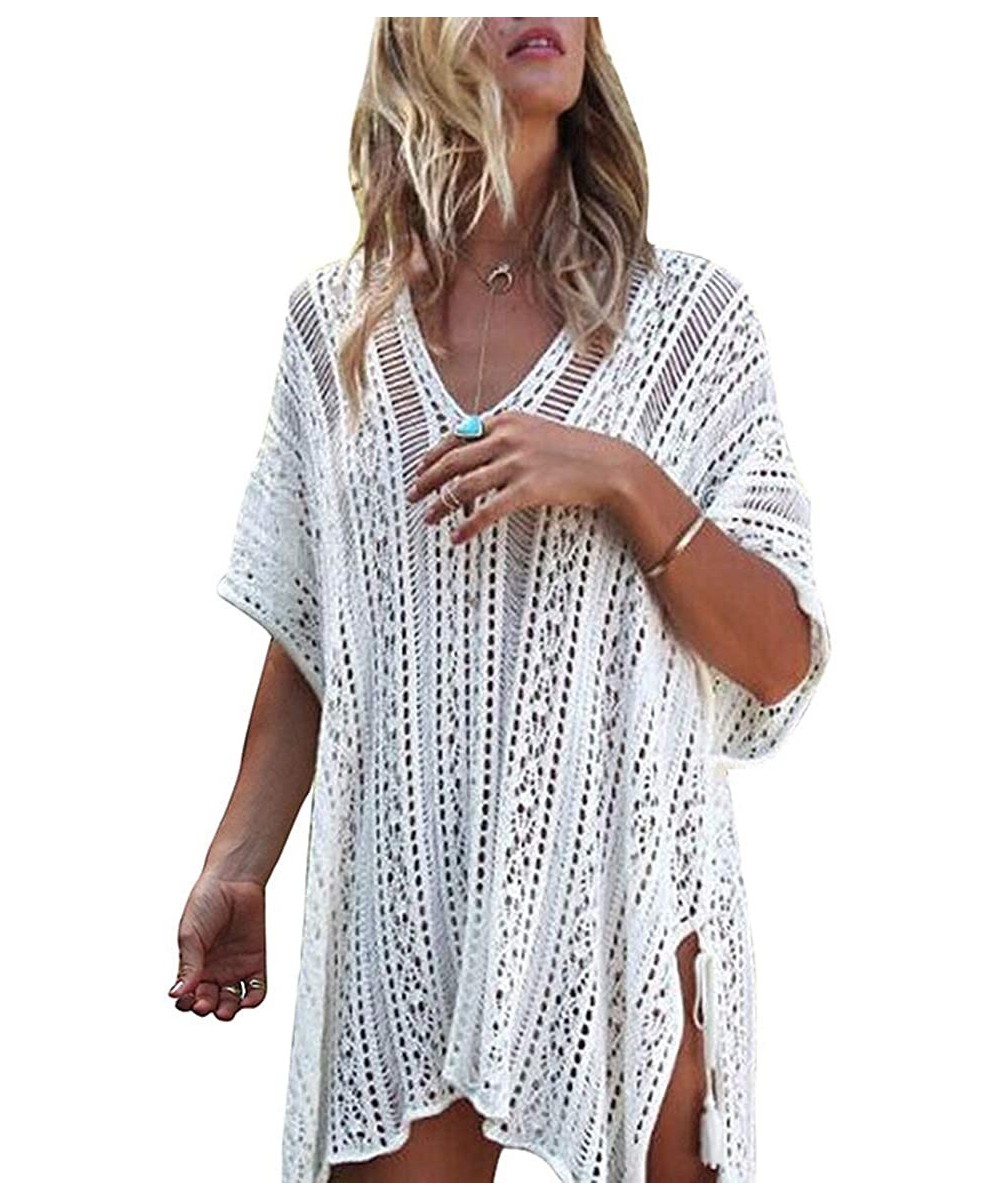 Women's Crochet Swimsuit Cover Up Bikini Mesh Beachwear Cover Up Beach Dress Bathing Suit Blouse For - White - CV18QDKC44N $2...