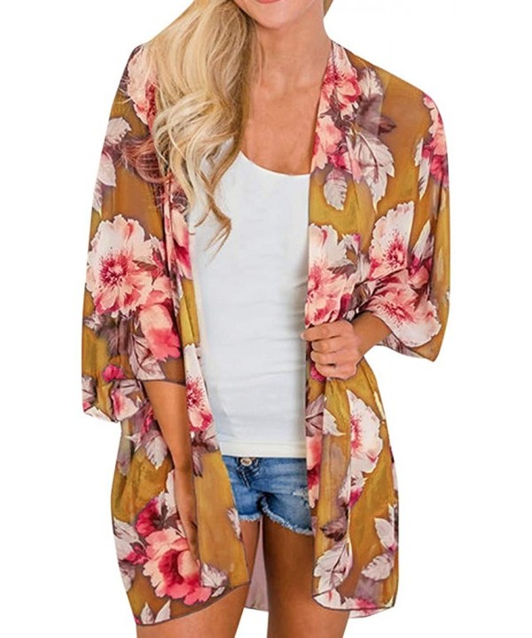 Ladies Fashion Boho Printed Beach Sunscreen Shirt Loose Casual Swimsuit Cover Up Kimono Cardigan Tops Yellow floral - CY18XTS...