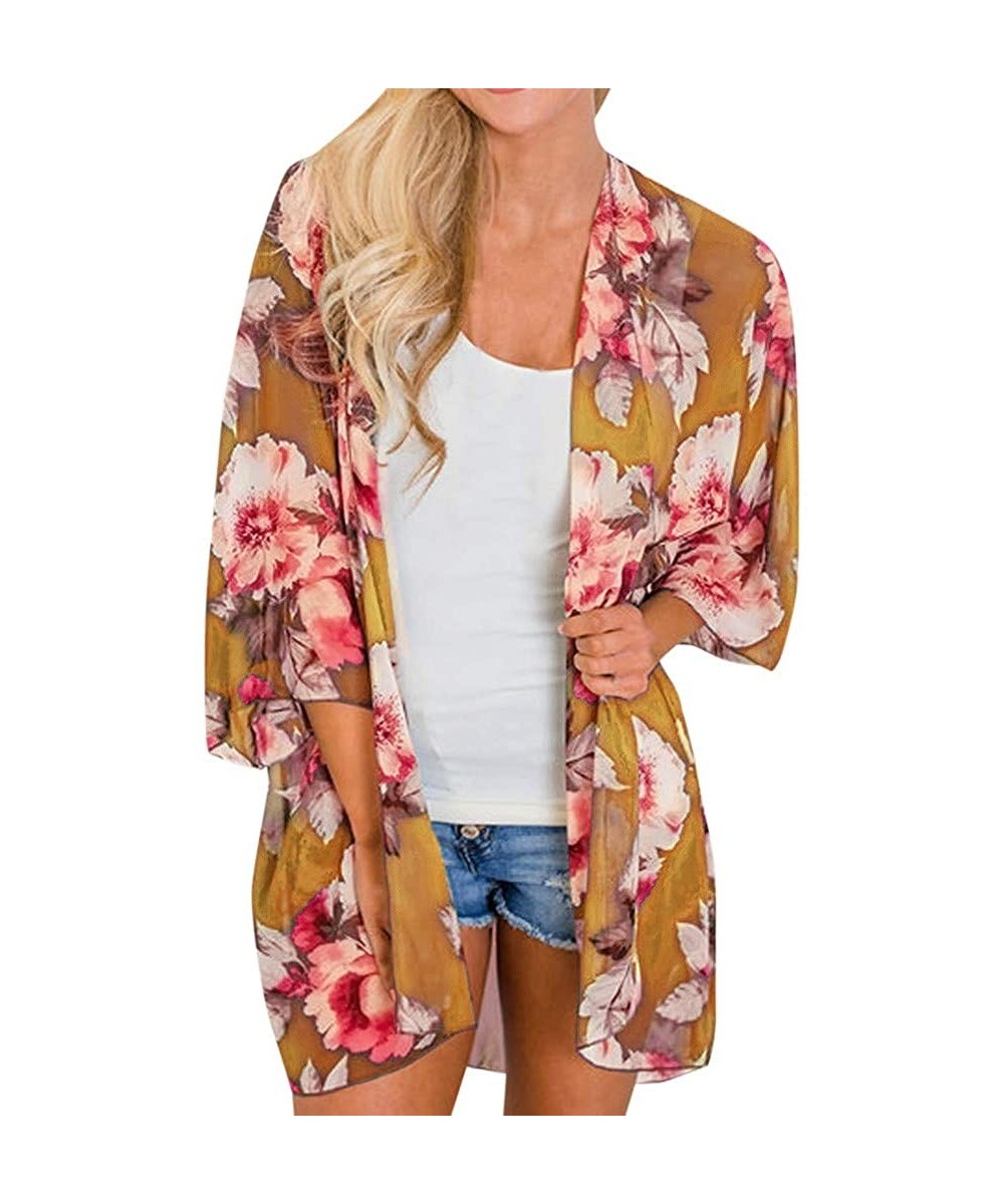 Ladies Fashion Boho Printed Beach Sunscreen Shirt Loose Casual Swimsuit Cover Up Kimono Cardigan Tops Yellow floral - CY18XTS...