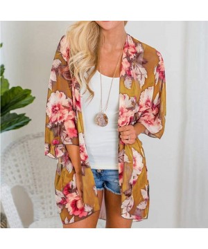 Ladies Fashion Boho Printed Beach Sunscreen Shirt Loose Casual Swimsuit Cover Up Kimono Cardigan Tops Yellow floral - CY18XTS...