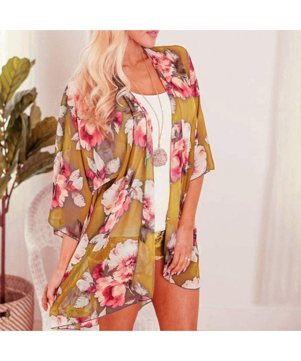 Ladies Fashion Boho Printed Beach Sunscreen Shirt Loose Casual Swimsuit Cover Up Kimono Cardigan Tops Yellow floral - CY18XTS...