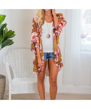 Ladies Fashion Boho Printed Beach Sunscreen Shirt Loose Casual Swimsuit Cover Up Kimono Cardigan Tops Yellow floral - CY18XTS...