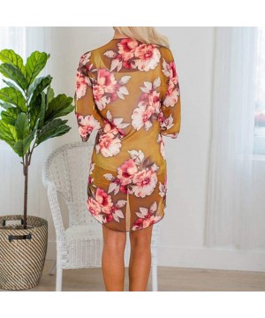 Ladies Fashion Boho Printed Beach Sunscreen Shirt Loose Casual Swimsuit Cover Up Kimono Cardigan Tops Yellow floral - CY18XTS...