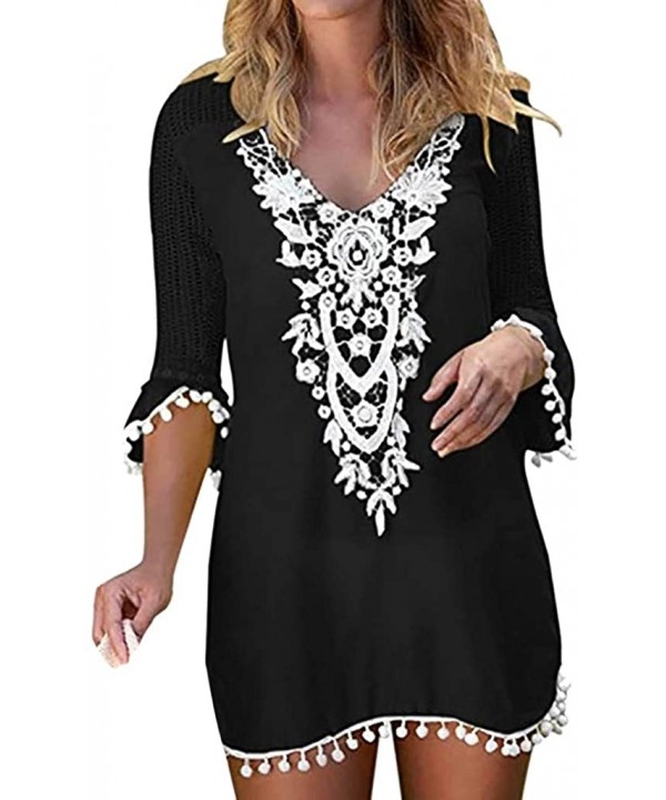 Swimsuit Cover Ups for Women Pom Pom Trim Tassel Lace Crochet Swimwear Beach Cover Up - Black - CM196OW6T98 $12.68-Board Shorts