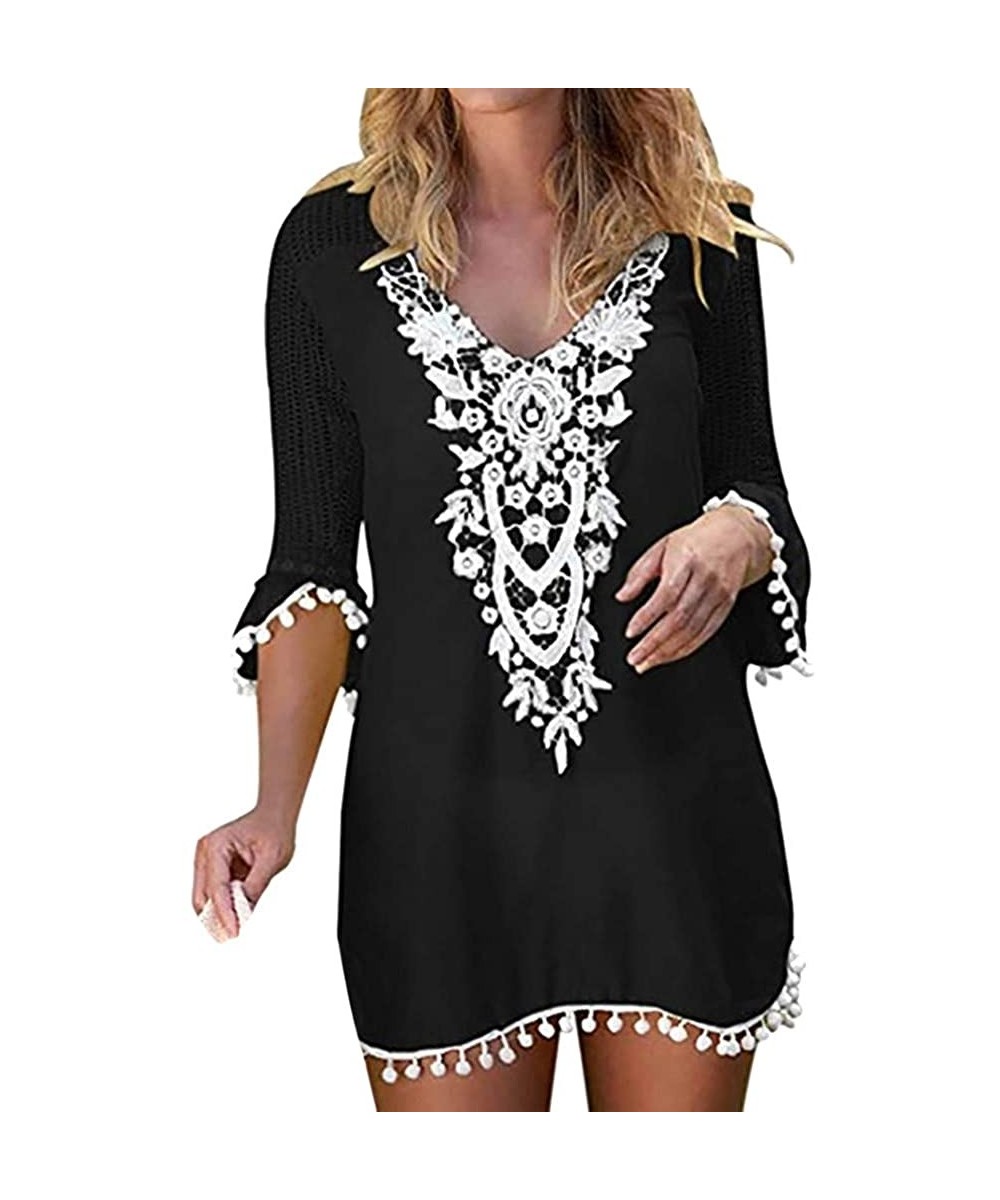 Swimsuit Cover Ups for Women Pom Pom Trim Tassel Lace Crochet Swimwear Beach Cover Up - Black - CM196OW6T98 $12.68-Board Shorts