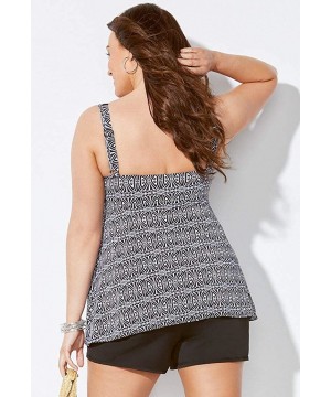 Women's Plus Size V-Neck Trim Flowy Tankini Set with Banded Short - Black White Tribal - CI18OL0UQE5 $46.62-Tankinis