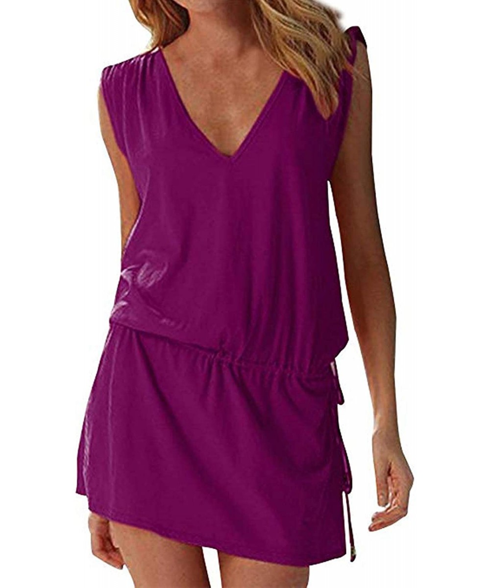 Women's Beach Swimsuit Cover up Deep V-Neck Short Mini Dress Beach Skirt - Purple - C919CD99G4O $38.63-Cover-Ups