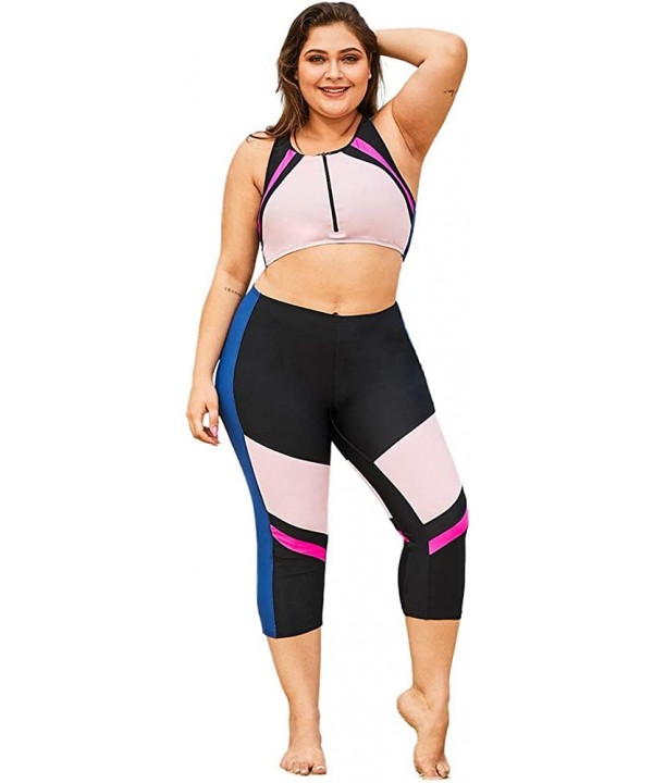 Women's Plus Size Rash Guard Capris Tankini Athletic Swimwear - Zip Pink - CO194UAQC4S $24.74-Sets