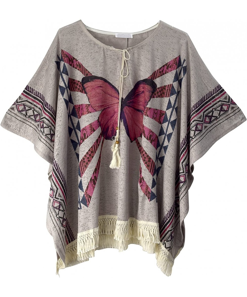 Womens Boho Tunic Colorful Knit Poncho Cape Soft Striped Beach Cover up - Grey Butterfly - CZ17Z35CKHH $11.71-Cover-Ups