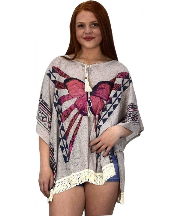 Womens Boho Tunic Colorful Knit Poncho Cape Soft Striped Beach Cover up - Grey Butterfly - CZ17Z35CKHH $11.71-Cover-Ups