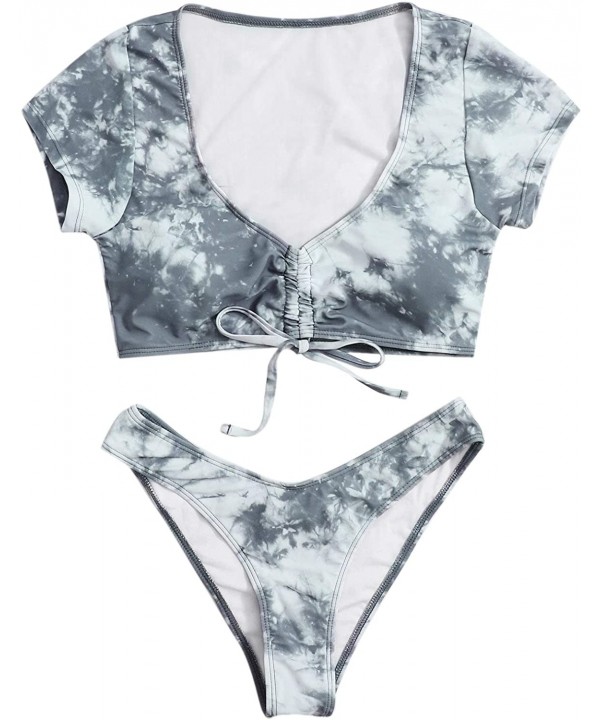 Women's Sexy Tie Dye Bikini Swimsuit Drawstring Tie Knot Bathing Swimsuit - Grey - CA19D7ZIM2Y $27.40-Sets