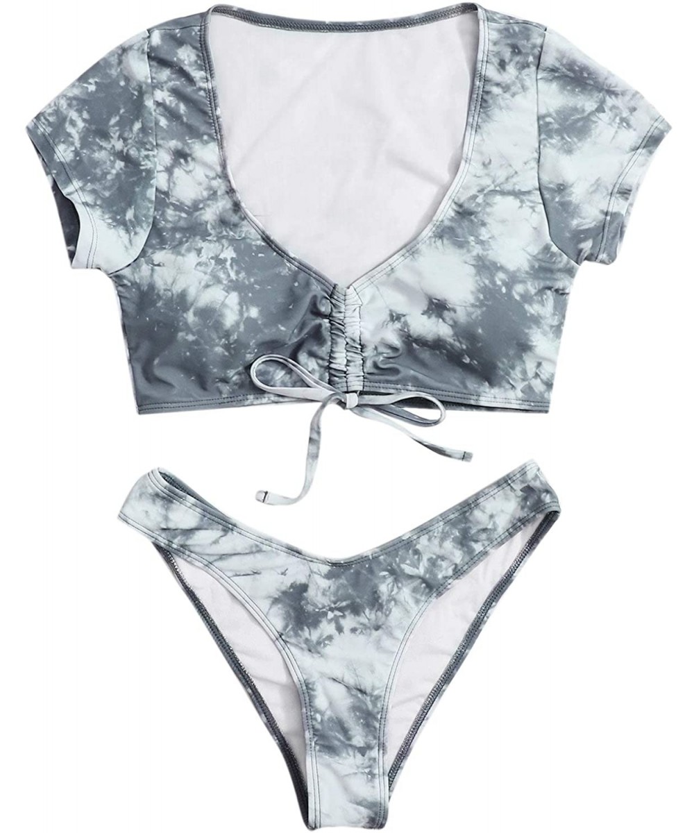 Women's Sexy Tie Dye Bikini Swimsuit Drawstring Tie Knot Bathing Swimsuit - Grey - CA19D7ZIM2Y $27.40-Sets