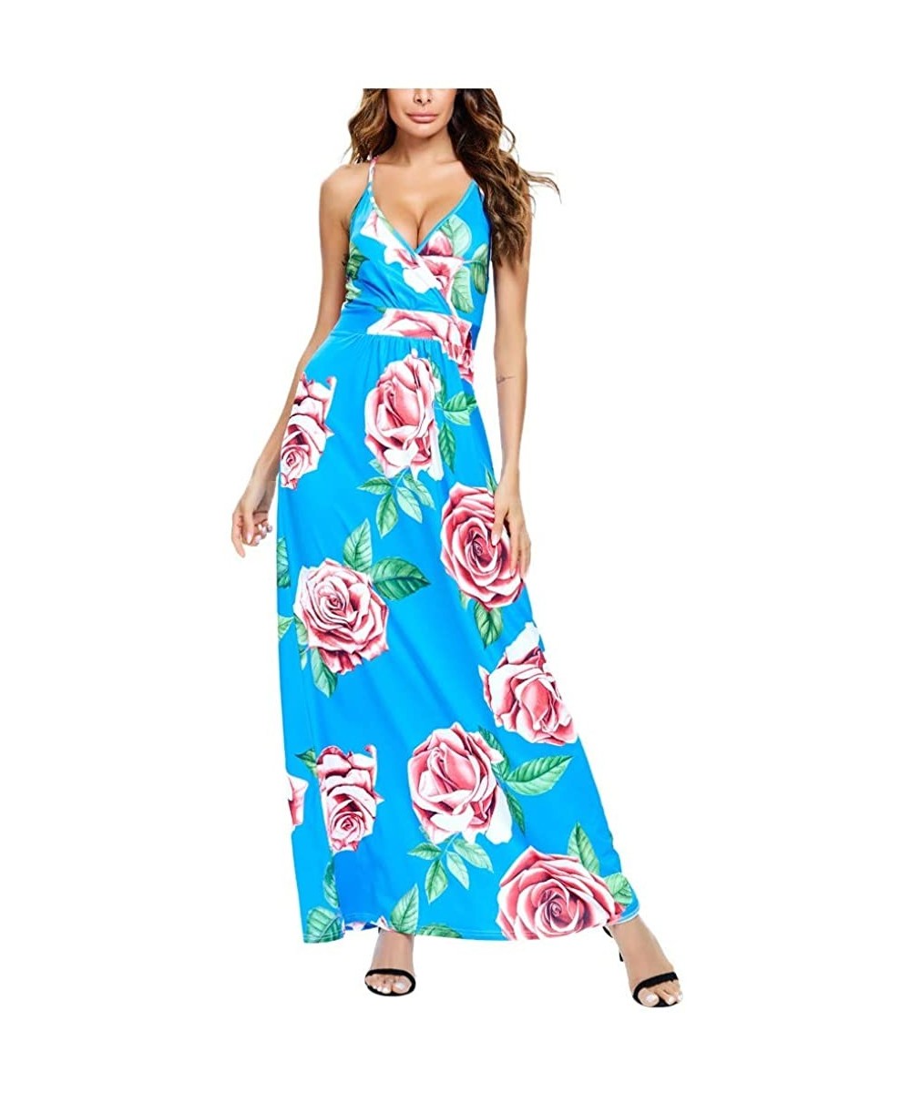 Womens Dresses Casual Summer Tie dye/Floral Printed Dress Sleeveless Loose Party Beach Maxi Long Dress Sundress Blue - CT1908...