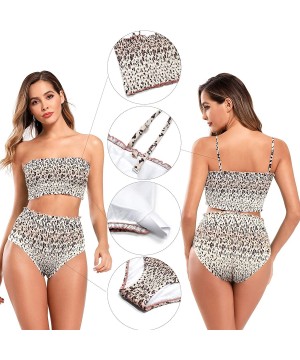 Women's Bathing Suit Shirred Bandeau Bikini High Waist Two Piece Swimsuits - Leopard Print - CB192KWGHXM $27.83-Sets