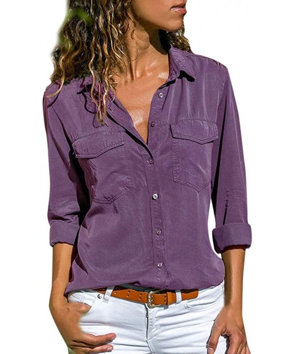 T-Shirts for Women-Women's Fashion Solid Color Buttonigan Long-Sleeved Blouse Casual T-Shirt Tops - A4-purple - CP195KR4ZQH $...