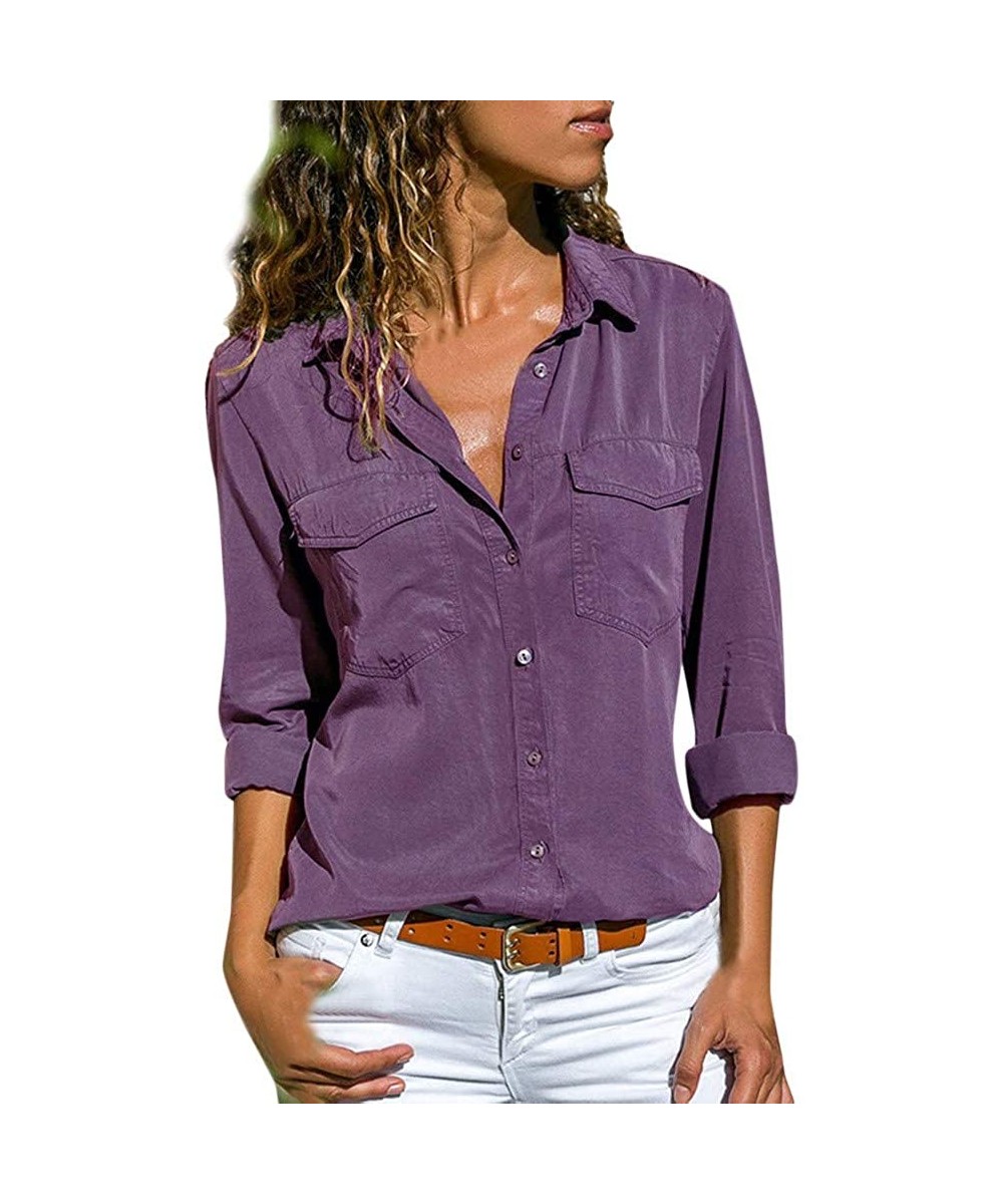 T-Shirts for Women-Women's Fashion Solid Color Buttonigan Long-Sleeved Blouse Casual T-Shirt Tops - A4-purple - CP195KR4ZQH $...