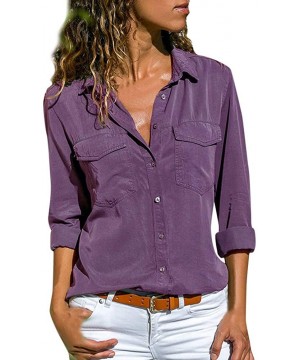 T-Shirts for Women-Women's Fashion Solid Color Buttonigan Long-Sleeved Blouse Casual T-Shirt Tops - A4-purple - CP195KR4ZQH $...