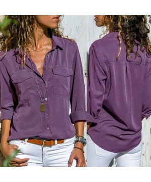 T-Shirts for Women-Women's Fashion Solid Color Buttonigan Long-Sleeved Blouse Casual T-Shirt Tops - A4-purple - CP195KR4ZQH $...