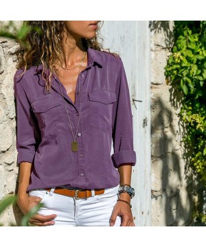 T-Shirts for Women-Women's Fashion Solid Color Buttonigan Long-Sleeved Blouse Casual T-Shirt Tops - A4-purple - CP195KR4ZQH $...