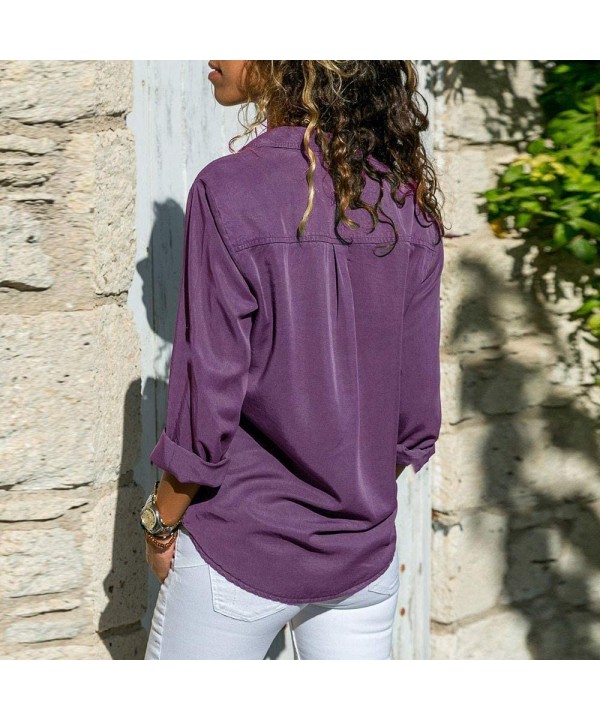 T-Shirts for Women-Women's Fashion Solid Color Buttonigan Long-Sleeved Blouse Casual T-Shirt Tops - A4-purple - CP195KR4ZQH $...