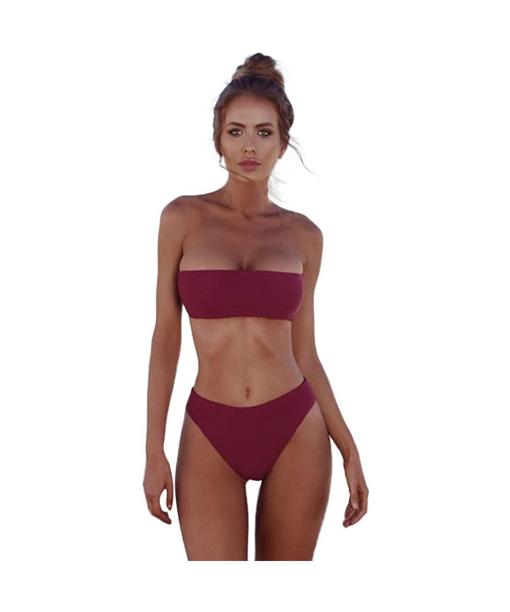 Women Swimsuit Bandeau Bandage Bikini Set Push-Up Brazilian Swimwear Beachwear - Wine Red - CX193X0M72U $13.87-Sets