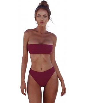 Women Swimsuit Bandeau Bandage Bikini Set Push-Up Brazilian Swimwear Beachwear - Wine Red - CX193X0M72U $13.87-Sets