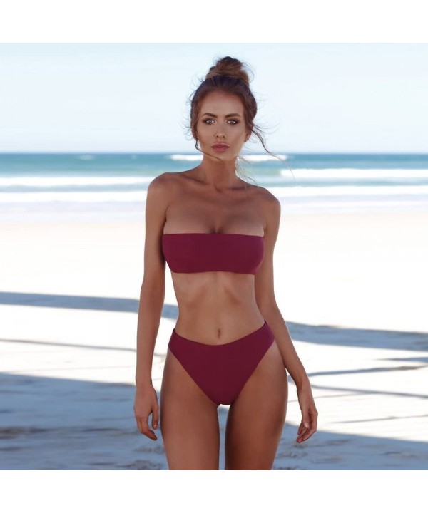 Women Swimsuit Bandeau Bandage Bikini Set Push-Up Brazilian Swimwear Beachwear - Wine Red - CX193X0M72U $13.87-Sets