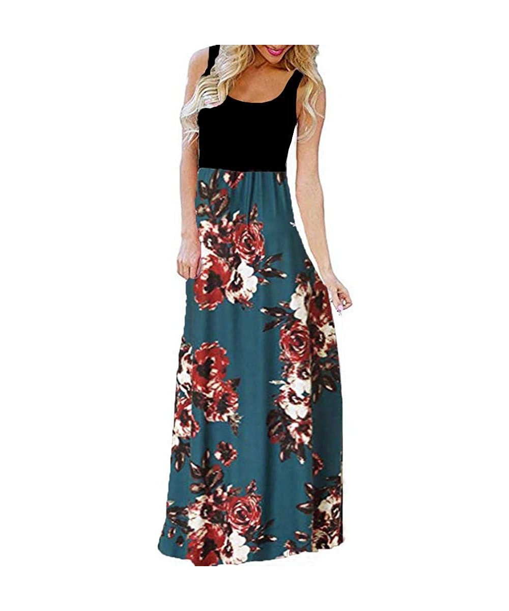 2018 Women Sleeveless Floral Print Maxi Long Dress with Pockets O-Neck Beach - Blue3 - C318SQWQ5WU $14.91-Board Shorts