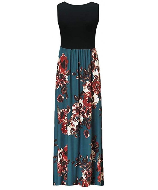 2018 Women Sleeveless Floral Print Maxi Long Dress with Pockets O-Neck Beach - Blue3 - C318SQWQ5WU $14.91-Board Shorts