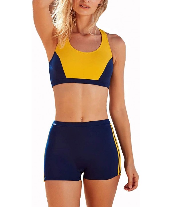 Womens Sport Two Piece Swimsuits Racerback Tops Boyshort Bottom - E-yellow+navy - CP193ZR97RZ $25.66-Racing