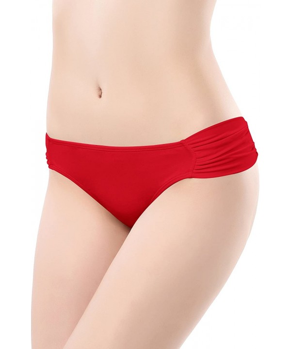 Swimwear Shirred Side Low-Rise Hipster Bikini Bottom for Women - Rose Red - CI186C6LKYH $15.43-Bottoms