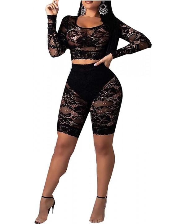 Women Hollow Long Sleeve Transparent Mesh Fishnet Crop Top Bodycon Shorts Set Bikini Cover Up Lingerie Set Black(lace) - CP18...