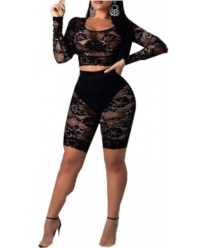 Women Hollow Long Sleeve Transparent Mesh Fishnet Crop Top Bodycon Shorts Set Bikini Cover Up Lingerie Set Black(lace) - CP18...