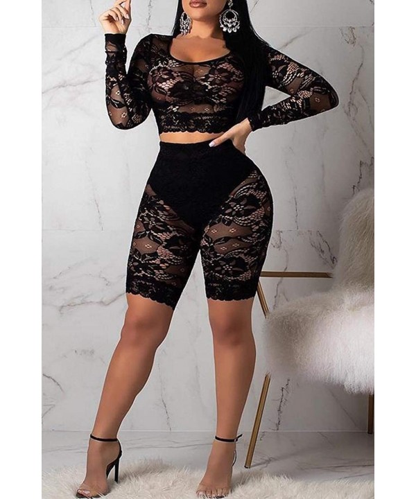 Women Hollow Long Sleeve Transparent Mesh Fishnet Crop Top Bodycon Shorts Set Bikini Cover Up Lingerie Set Black(lace) - CP18...