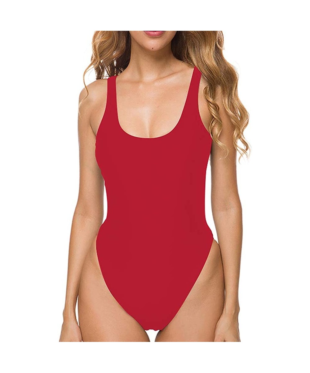 Women's Scoop Neck Cheeky High Cut One Piece Swimsuit Bathing Suit Swimwear - Red - C518C8HR5WD $16.51-One-Pieces