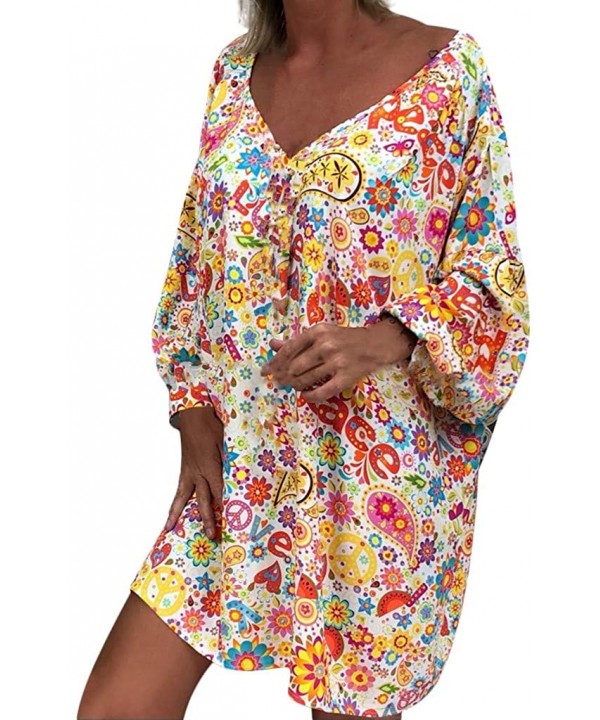 Women's Ladies Loose Floral Print Three Quarter Sleeve Mini Dress Summer Dress - White - C418WC0E9WW $13.01-Bottoms