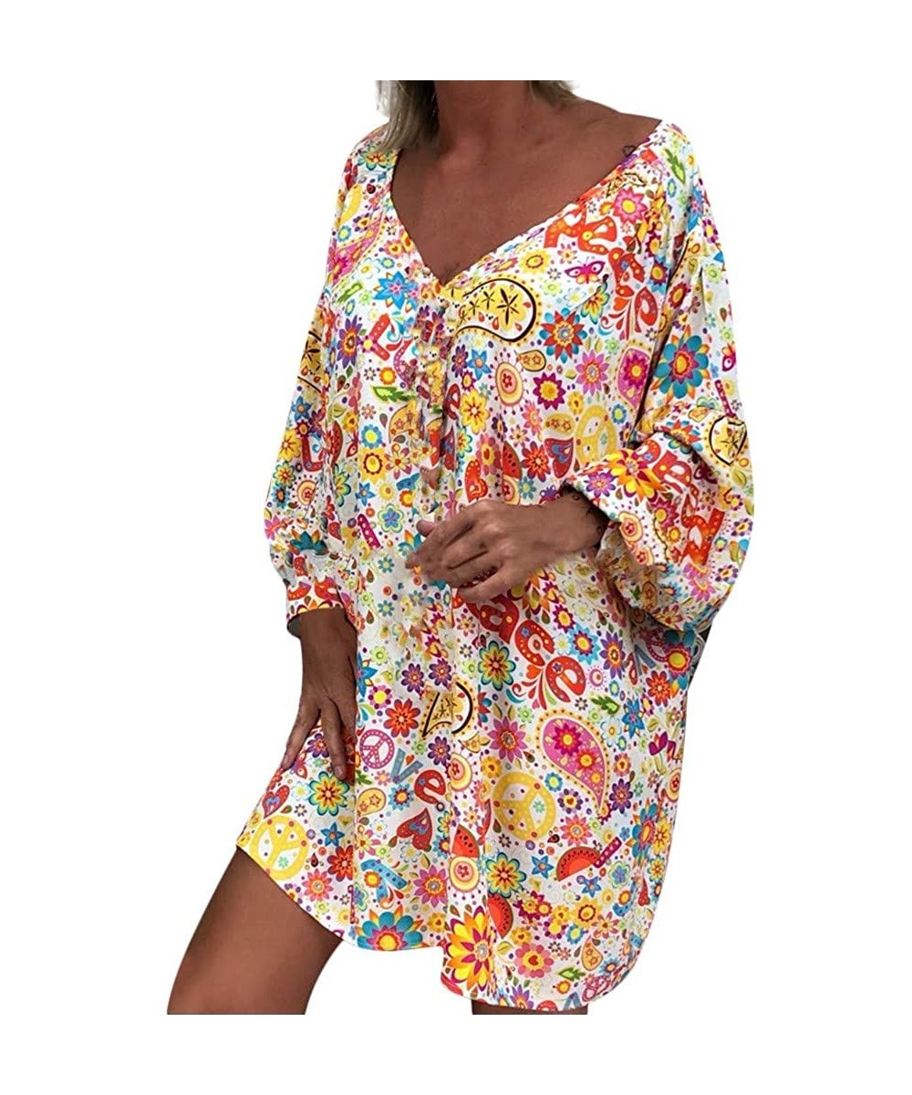 Women's Ladies Loose Floral Print Three Quarter Sleeve Mini Dress Summer Dress - White - C418WC0E9WW $13.01-Bottoms