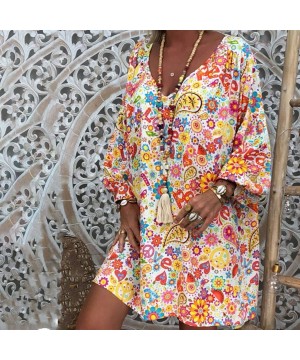 Women's Ladies Loose Floral Print Three Quarter Sleeve Mini Dress Summer Dress - White - C418WC0E9WW $13.01-Bottoms