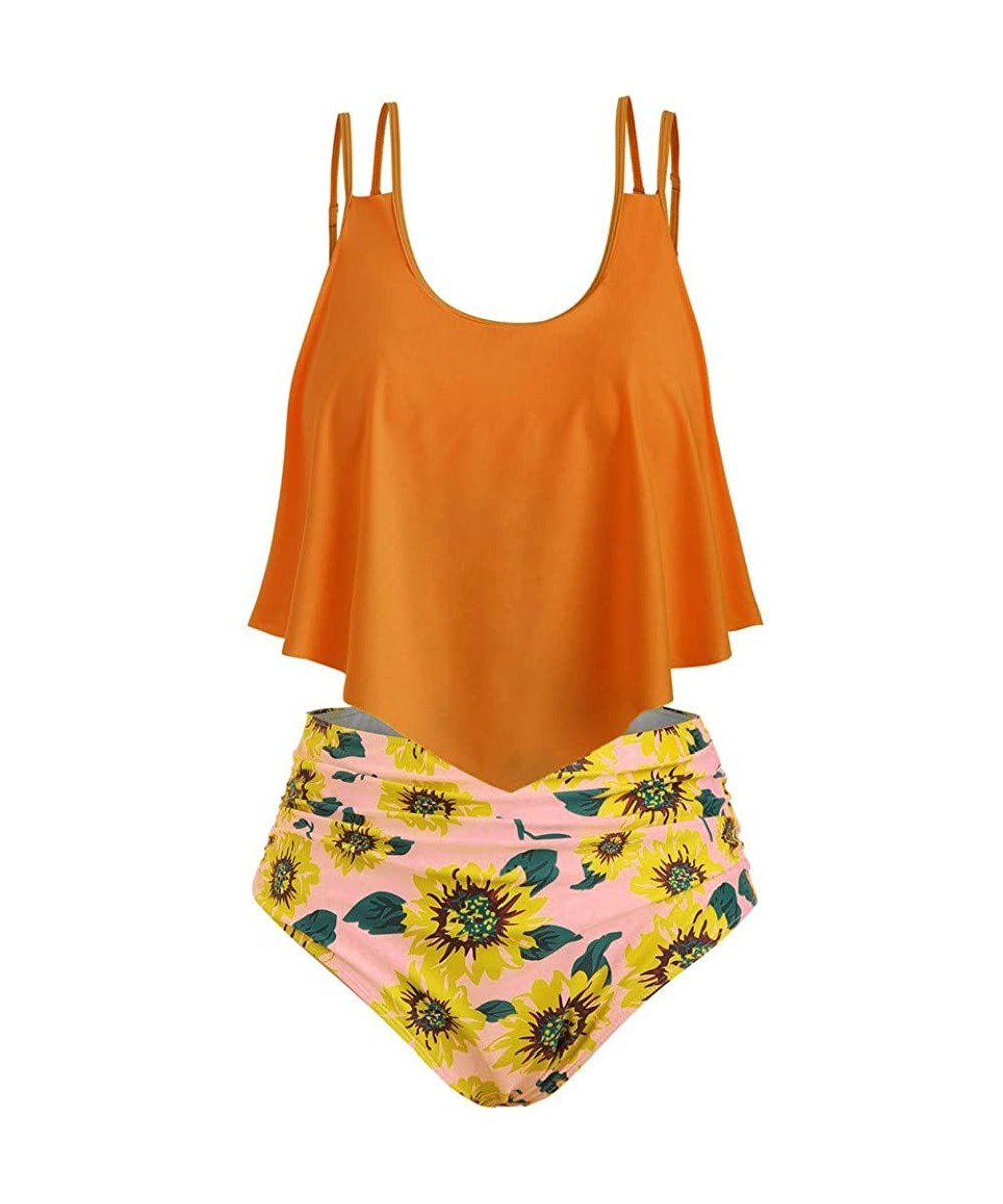 Women Two Pieces Bathing Suits Adjustable Double Strap Ruffled Top with Sunflower High Waisted Bottom Tankini Set - Orange - ...