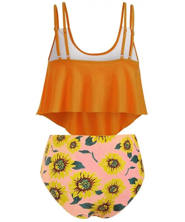 Women Two Pieces Bathing Suits Adjustable Double Strap Ruffled Top with Sunflower High Waisted Bottom Tankini Set - Orange - ...