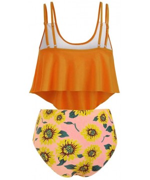 Women Two Pieces Bathing Suits Adjustable Double Strap Ruffled Top with Sunflower High Waisted Bottom Tankini Set - Orange - ...