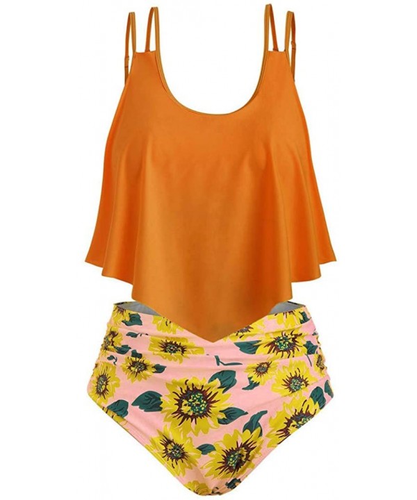 Women Two Pieces Bathing Suits Adjustable Double Strap Ruffled Top with Sunflower High Waisted Bottom Tankini Set - Orange - ...