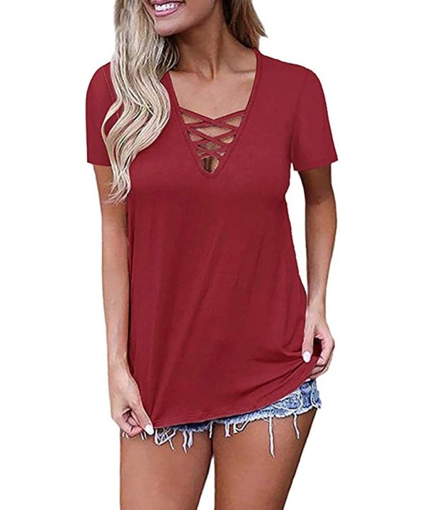 Womens Tank Tops- Women's Blouse 2020 Summer Sleeveless V Neck Lace Up Hollow Out Criss Cross Camis - New_red - C018Q3DA3E0 $...