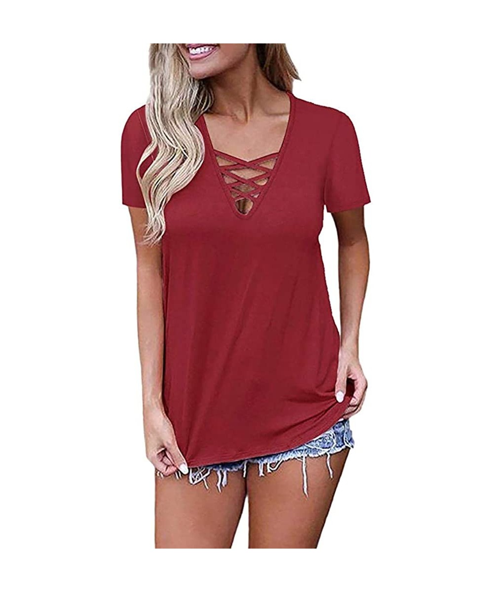 Womens Tank Tops- Women's Blouse 2020 Summer Sleeveless V Neck Lace Up Hollow Out Criss Cross Camis - New_red - C018Q3DA3E0 $...