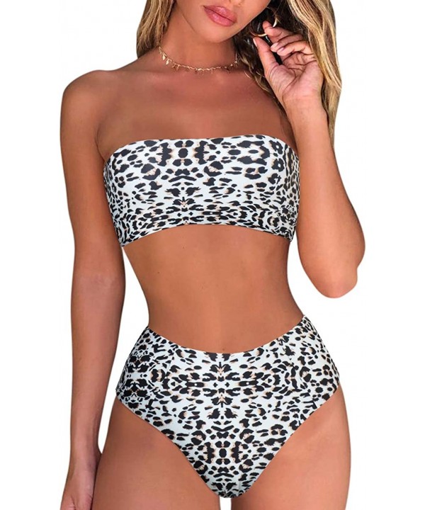 Women Bandeau Strapless Bikini Set High Waisted Snake Print Bathing Suit - Leopard-2 - CG18QIMOI58 $21.85-Sets