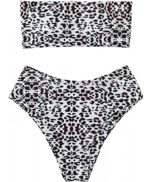 Women Bandeau Strapless Bikini Set High Waisted Snake Print Bathing Suit - Leopard-2 - CG18QIMOI58 $21.85-Sets