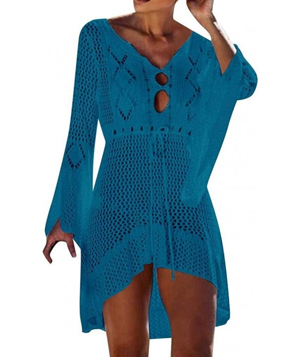 Women's Crochet Bathing Suit Sunscreen Cover Up Bikini Swimwear Knit Beach Swimsuit Bandage Beachwear - Blue - CW18QHGZZTD $2...